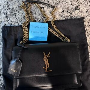 Saint Laurent Black Leather Shoulder Bag with Gold YSL Logo and Chain